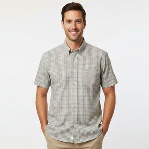 Kent Arrow Check Short Sleeve Button Down Shirt Plaid White Tan Blue Preppy Top